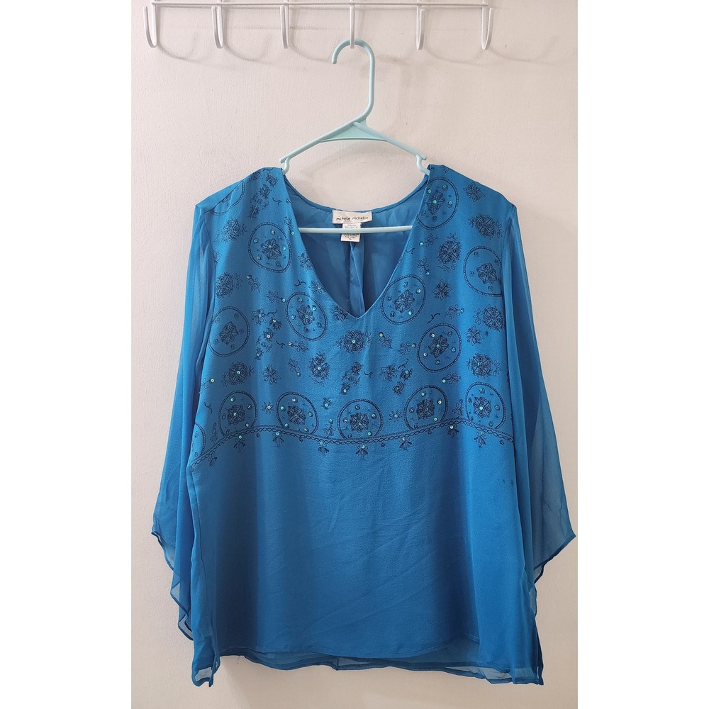Michele Michelle Silk Beaded Embroidered Blouse Blue V-Neck Bell Sleeve XL